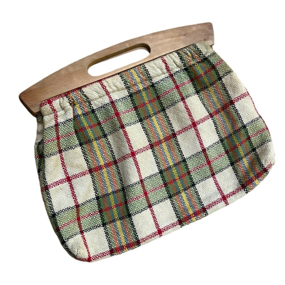 Vtg Ladylike Tartan Plaid Wooden Handle Preppy Retro Handbag Twee English